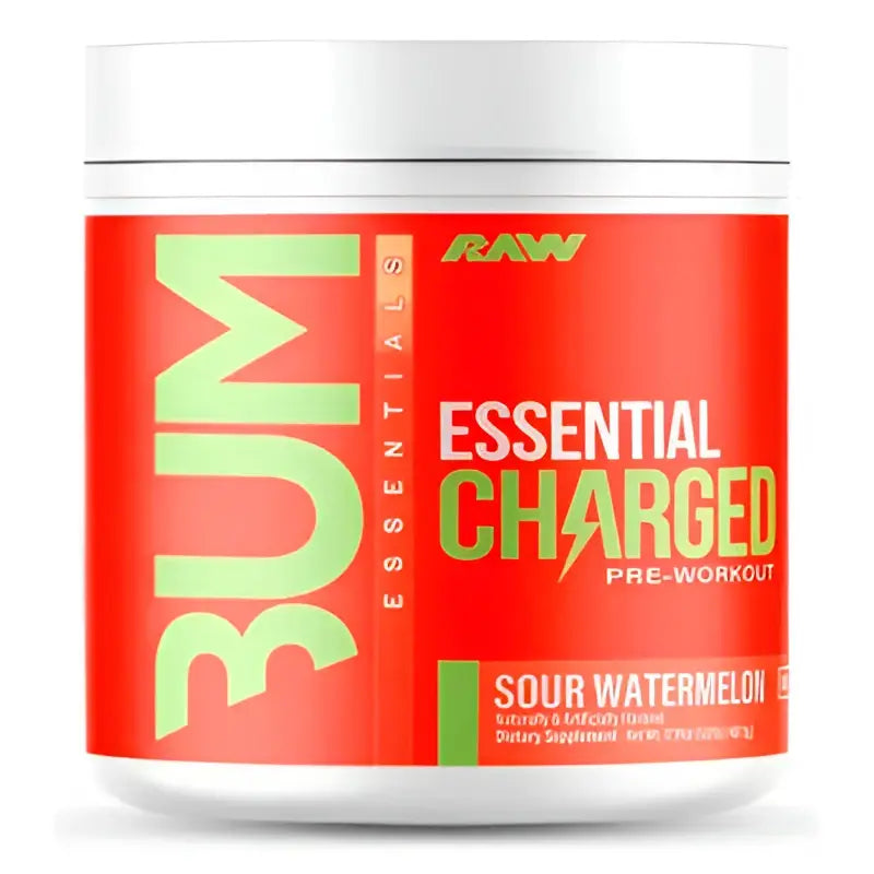 Contenedor rojo y blanco de raw nutrition essential charged pre entreno sabor sandía agria para ejercicio intenso